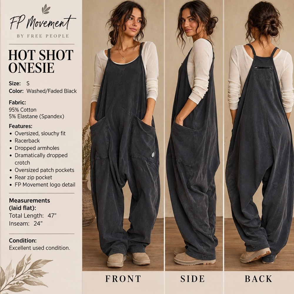 FP Movement Free People Hot Shot S Washed Black Oversized Jumpsuit